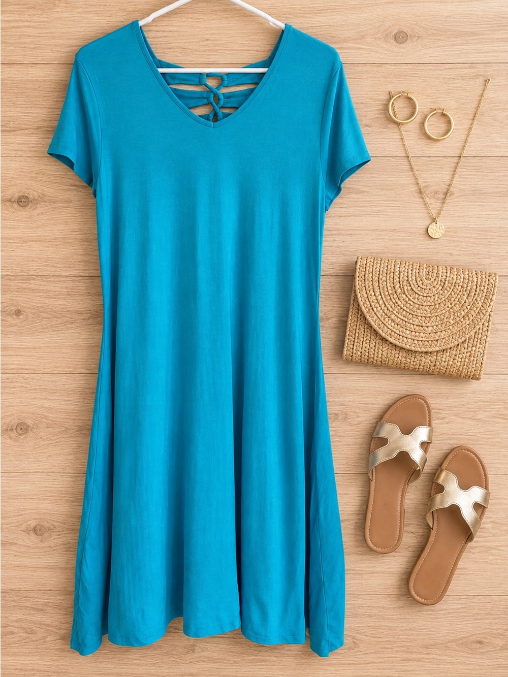 Chico’s 2 Turquoise Blue Dress Lattice Back Stretch Midi